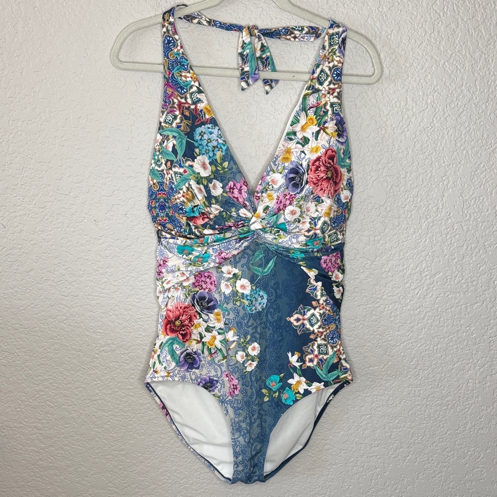 Johnny Was Blue Sady Twist-Front One Piece Swimsuit V Neck Halter 3X XL - Picture 3 of 9